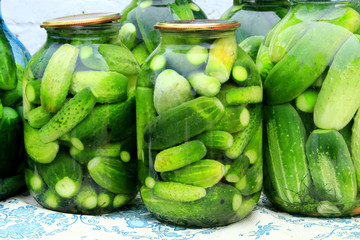 Cucumbers in the jars prepared for preservation