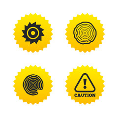 Wood and saw circular wheel icons. Attention.