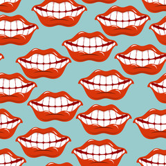 Cheerful smile lip seamless pattern. Red lips and white teeth te