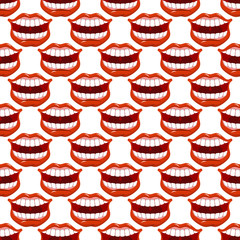 Cheerful smile lip seamless pattern. Red lips and white teeth te