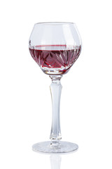 Crystal glasses with red wine on a white background.