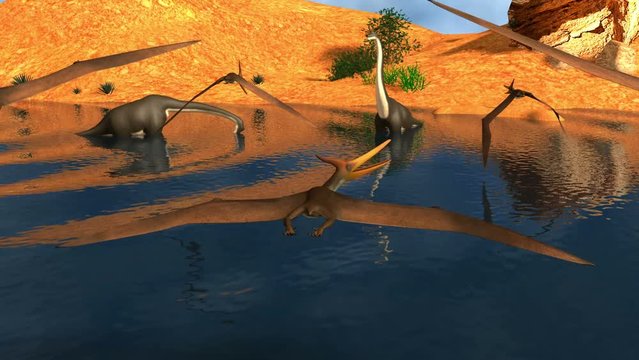 A flock of Pteranodons fly over a lake while a pair of Brachiosaurus dinosaurs graze in the waters. 