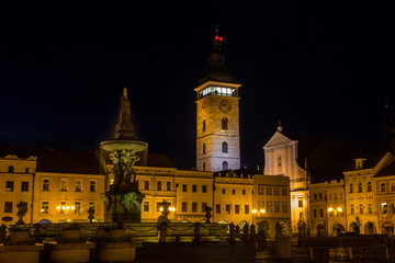Historic centre of Ceske Budejovice at night, Budweis, Budvar, South Bohemia, Czech Republic, Europe.