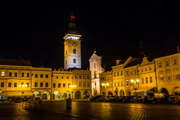 Fototapeta na wymiar Historic centre of Ceske Budejovice at night, Budweis, Budvar, South Bohemia, Czech Republic, Europe.