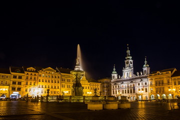 Fototapeta premium Historic centre of Ceske Budejovice at night, Budweis, Budvar, South Bohemia, Czech Republic, Europe.