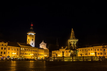 Fototapeta na wymiar Historic centre of Ceske Budejovice at night, Budweis, Budvar, South Bohemia, Czech Republic, Europe.