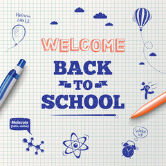 Back to school poster, education background. Back to school inscription on the background of school stationery items and hand drawn icons