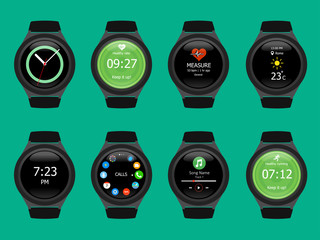 Smart watches wearable collection computer new technology. Vector Illustration. Green background.