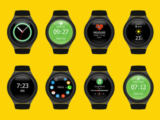Smart watches wearable collection computer new technology. Vector Illustration. Yellow background.