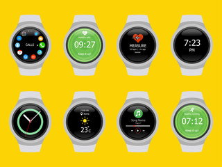 Smart watches wearable collection computer new technology. Vector Illustration. Yellow background.