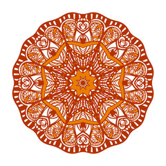 Round abstract geometric vector pattern. Hand-drawn design in Art Nouveau and Art Deco. Warm autumn shades of orange, yellow and red.