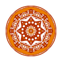 Round abstract geometric vector pattern. Hand-drawn design in Art Nouveau and Art Deco. Warm autumn shades of orange, yellow and red.