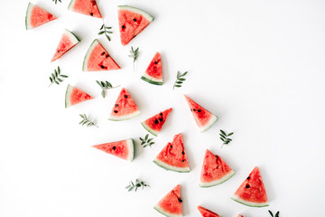 watermelon pieces pattern on white background. flat lay, top view