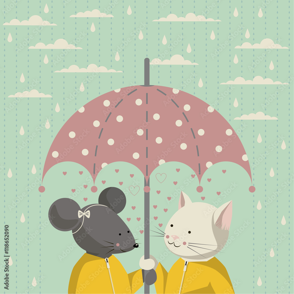 Wall mural The illustration. Autumn. Cat and mouse in a yellow raincoat standing under a pink umbrella with white polka dots. On the sky clouds and rain.