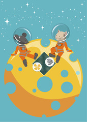 The illustration.  The cat and mouse sitting on the moon in spacesuits. They have a picnic on a table cloth are plates of fish and cheese.