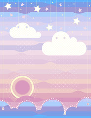 Clouds, sea, sunrise,mountains, stars ,sky. The illustration shows the color transition from blue to red. Can be used in the design of children's room or album art or greetings.