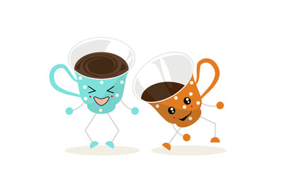 The illustration.One cup of blue color with white polka dots and one cup of orange color with white polka dots dance and laugh.