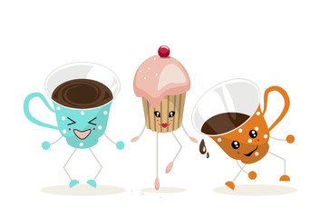 The illustration.One cup of blue color with white polka dots, cupcake with pink cream and one cup of orange color with white polka dots dance and laugh.