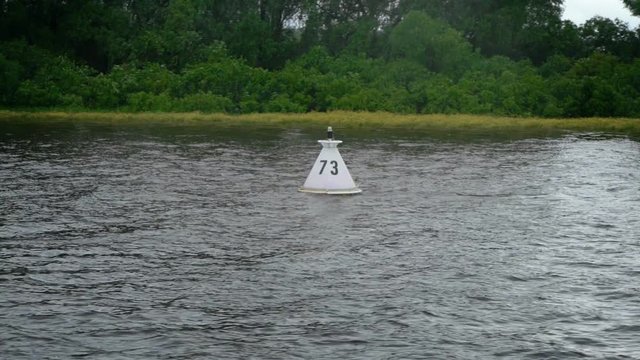 White buoy floating in the river next to shore