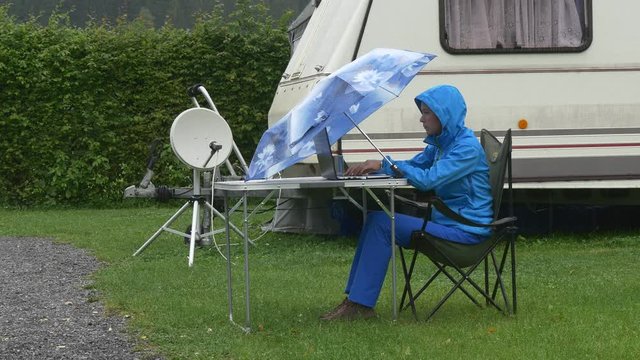 A traveller works on laptop under blue umbrella under rain near caravan