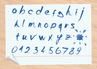 Hand written alphabet. Doodle font. Letters of the Latin alphabet and the numbers 0 to 9 are written on a sheet from a school notebook. Vector illustration