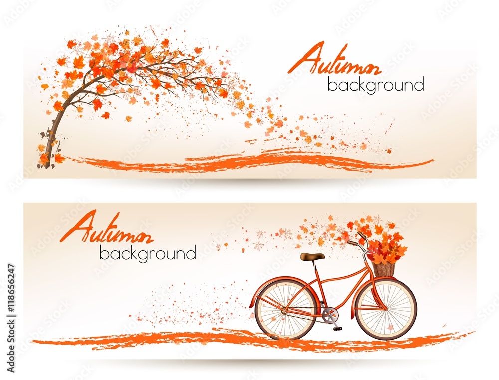 Poster two autumn banners with colorful leaves and bicycle vector