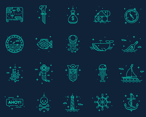 Summer, travel, pirate icons set vector.