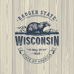 Висконсин, стилизованная эмблема штата Америки, Барсук на деревянном фоне © yard1509