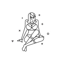 Beautiful girl in swimsuit sitting linear illustration