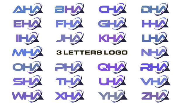 3 letters modern swoosh logo AHA, BHA, CHA, DHA, EHA, FHA, GHA, HHA, IHA, JHA, KHA, LHA, MHA, NHA, OHA, PHA, QHA, RHA, SHA, THA, UHA, VHA, WHA, XHA, YHA, ZHA.