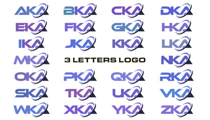 3 letters modern swoosh logo AKA, BKA, CKA, DKA, EKA, FKA, GKA, HKA, IKA, JKA, KKA, LKA, MKA, NKA, OKA, PKA, QKA, RKA, SKA, TKA, UKA, VKA, WKA, XKA, YKA, ZKA.