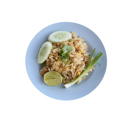 Crab Fried Rice of Thai foods in blue dish isolated.