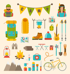 Collection of Camping and Hiking Equipment, Colorful Symbols and Icons Isolated