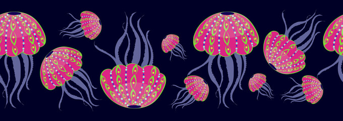 Нorizontal seamless pattern of the colored jellyfish on a dark background. Abstract medusa.