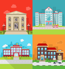 Set Municipal Buildings - City Hall, Hospital, School and Police Station.