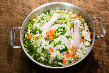 Chicken soup ingredients in cook pot