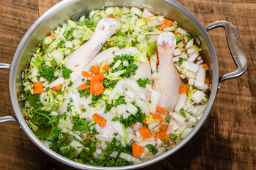 Chicken soup ingredients in cook pot