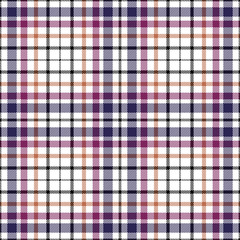 Seamless tartan plaid pattern in dark blue, plum pink, orange & black twill stripes on white background. 