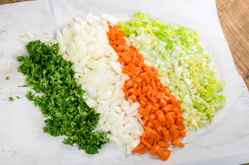 Preparation for soup with carrots, onions and celery