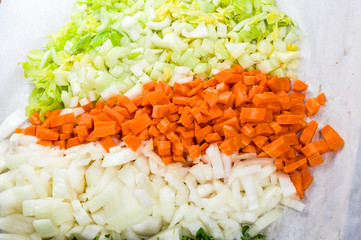 Preparation for soup with carrots, onions and celery