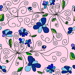 Seamless pattern of doodle style blue flowers, green leaves and curly twigs on pink background. 