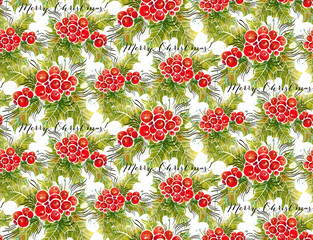 print, seamless pattern with a holly branch on  white background, ilex, Merry Christmas