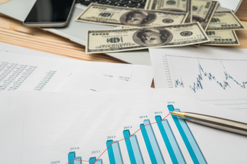 Financial charts on the table with laptop , phone ,dollars bankn