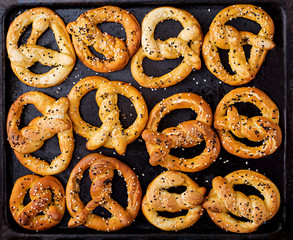Background texture of pretzels. Top view. Oktoberfest.