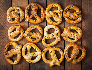 Background texture of pretzels. Top view. Oktoberfest.