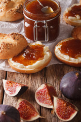 sandwiches with fig jam and cream cheese close-up. vertical
