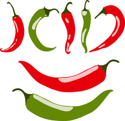 Chili peppers, red and green, vector illustration, isolated, on white background.
