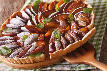 Freshly baked sliced tart of ripe plums close-up. horizontal
