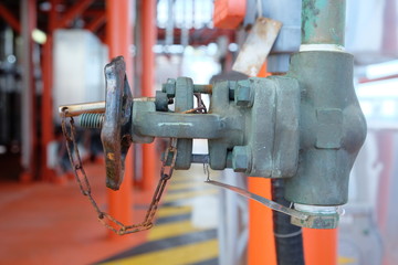 Manual valve in oil and gas industry, old valve and many rust present on the valve, Equipment for control production process.