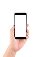 Isolated hand holding a phone with white screen